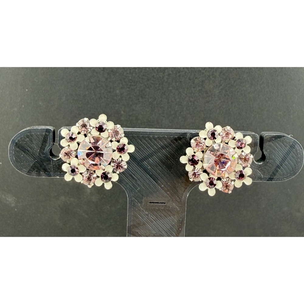 Vintage Weiss Screw Back Earrings Purple Rhinestone Enamel Flowers Signed